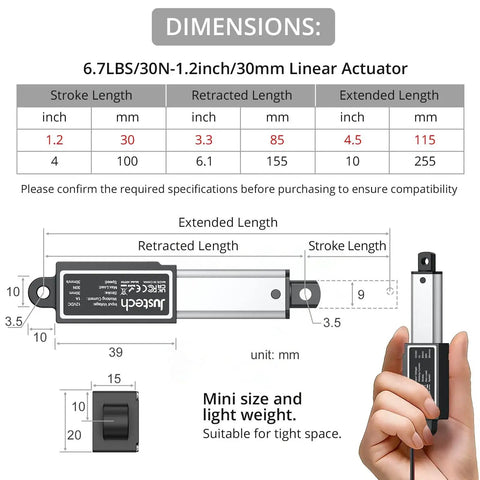 Diagram showing dimensions of a Justech 12V Mini Linear Actuator With IP54 Waterproof Protection, suitable for DIY projects.