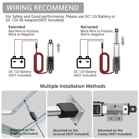 Diagram showing wiring and installation methods of 12V Mini Linear Actuator With IP54 Waterproof Protection for DIY projects