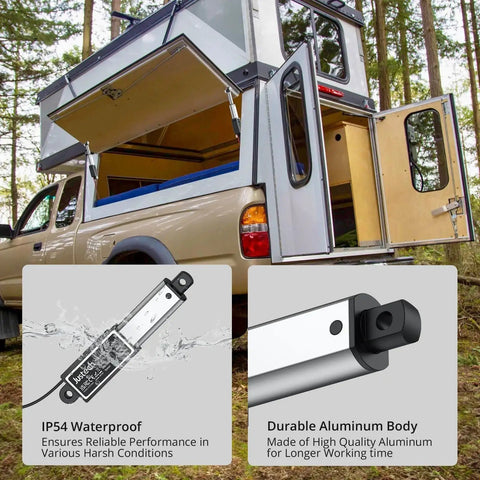 12V Mini Linear Actuator With IP54 Waterproof Protection for truck camper and outdoor use, highlighting durable aluminum body and waterproof feature.