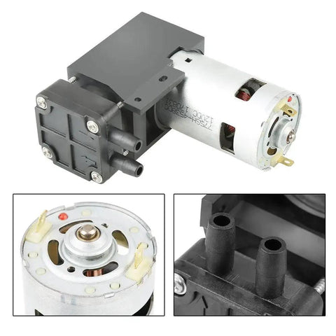 Compact Oilless Vacuum Pump 12 Volt DC 42 Watt Mini Brush Piston Pressure Pump for lab and medical use, close-up views included.