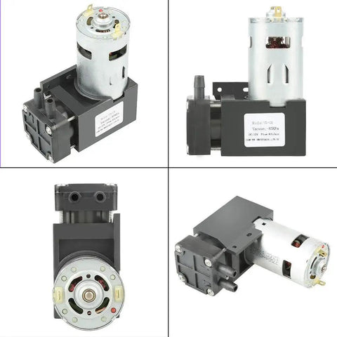 Compact oilless vacuum pump 12 Volt DC 42 watt mini brush piston pressure pump in four different angles, displaying motor and casing.