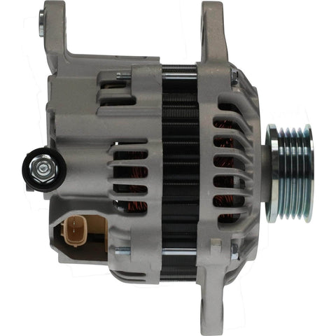 Side view of New 12V PMA Drop-In Plug-And-Play Alternator For Subaru 2.5L Engines In Impreza, WRX, STI, Legacy, Outback, Forester, Baja And Saab 9-2X 2005 Fits 23700-AA370, 23700-AA37A, 32-00-6062, A002TB2891, AMT0129 showing cooling vents and pulley