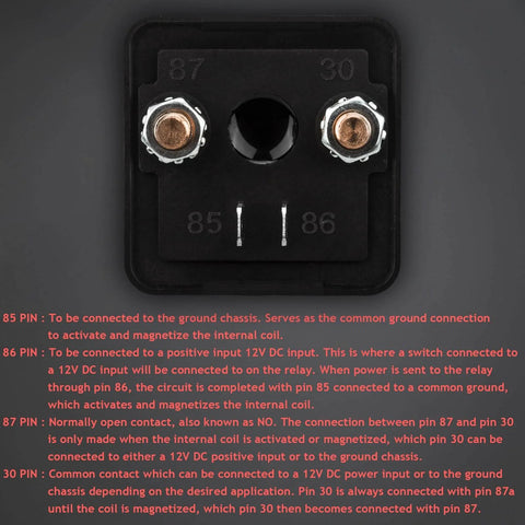 Close-up of Two Pack 12V 200 Amp Continuous Duty Relay Switch for car, truck, boat and marine with labeled terminals.