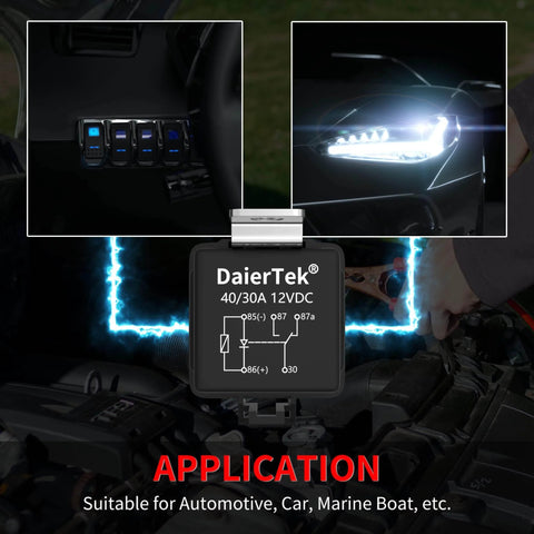Close-up of 8 Pack 12V SPDT Relay Kit with Diode and LED installation for automotive, featuring 40/30A 12VDC details.