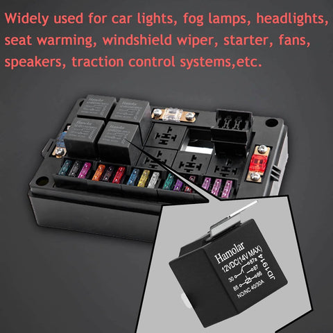 Heavy Duty Two Pack 12V Relay Kit With 5 Pin SPDT And Harness, 40A/30A, shown installed in automotive electronic system.