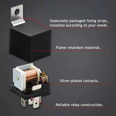 Heavy Duty Two Pack 12V Relay Kit With 5 Pin SPDT And Harness, 40A/30A High Switching shown with flame retardant case and silver contacts