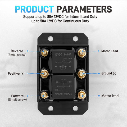 12V Forward And Reverse Relay Module For Motors 60A 80A Heavy Duty Workhorse Controller with labeled parameters and connections