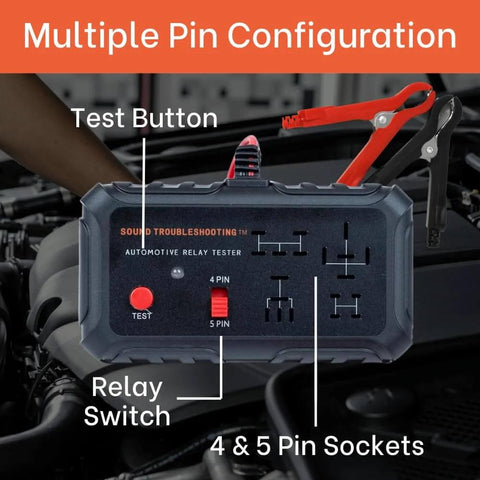 Automotive Relay Tester Kit 12V Handheld Diagnostic Tool for 4 and 5 Pin Relays with Battery Clips in vehicle setup