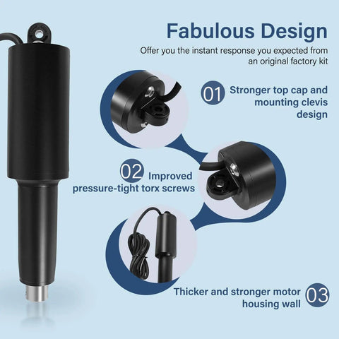 Front view of 12V Beefed Up Short Extreme Duty Actuator With 2.25 Inch Stroke And Five Sixteenths Inch Hardware Leads With Deutsch Connectors Replacement For Lenco101XDS, highlighting design features.