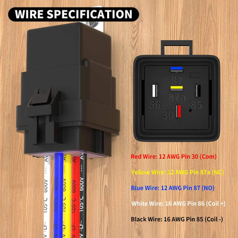 8 Pack 12V SPDT Relay Kit With Built In Diode And 12 AWG Harness Socket 30A 40A Heavy Duty Waterproof Relay showing wire specifications