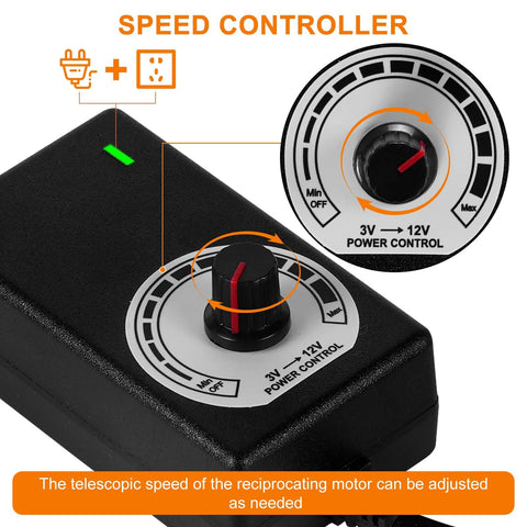 Speed controller knob on black plastic module with 3V–12V power control dial