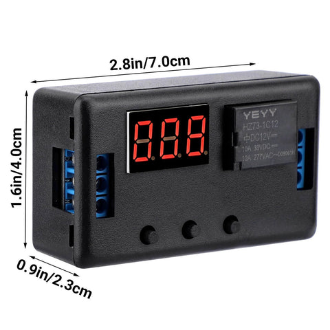 Side view of 12V Timer Relay With LED Display, Four-Mode Time Delay Switch For Auto Use, On Off Delay Timer, dimensions labeled