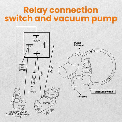 Diagram of Powerful 12V Electric Vacuum Pump Kit For Brake Boosters With Installation Kit, showing relay and vacuum switch connections.