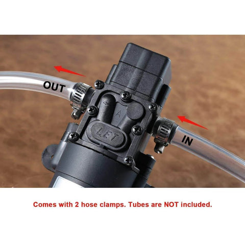 Close-up of bayite 12V DC Water Transfer Pump with 2 hose clamps attached, showing 'In' and 'Out' labels for setup clarity.