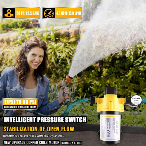 Person using 33-Series Professional Grade Water Pump - 12V DC Diaphragm Pump, 4.0GPM, 50PSI, Self-Priming, Thermal Overload