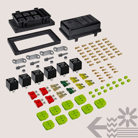 12V Auto Waterproof Fuse And Relay Box Kit With 6 Bosch Style 5 Pin Relays, 6 ATC ATO Fusible Holders, terminals, and seals components.