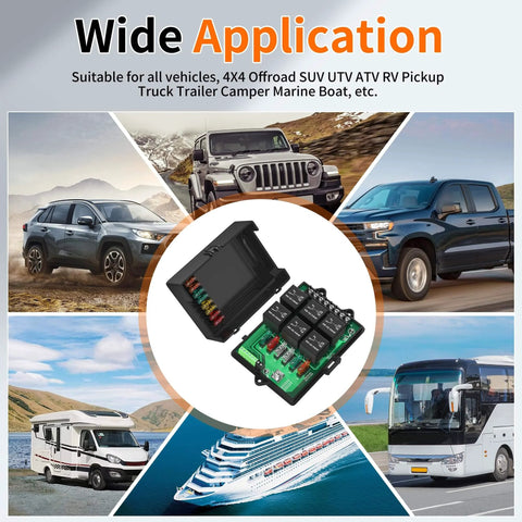 12V Automotive Relay Box Kit With 6 Way Relays And 14 ATC ATO Blade Fuses, Waterproof Fuse Panel With LED Light for vehicles