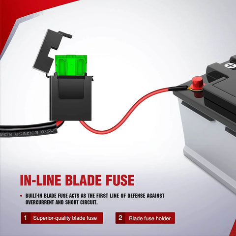 In-line blade fuse in 12V LED Light Bar Wiring Harness Kit with On Off Switch, Power Relay and Blade Fuse Universal Vehicle and Boat Fit.