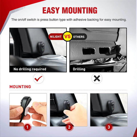 Comparison of easy mounting with adhesive on/off switch for 12V LED Light Bar Wiring Harness Kit With On Off Switch, Power Relay And Blade Fuse Universal Vehicle And Boat Fit, Dual Light Output Connectors For Two Fixtures Under 180W, DT Connector For Stable Connection