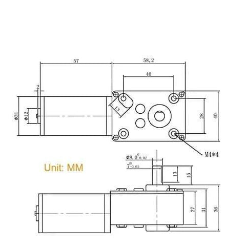 Technical drawing of 12V 16rpm DC Worm Gear Motor 70kg.cm High Torque Turbine Electric Gearbox Motor with measurements in mm