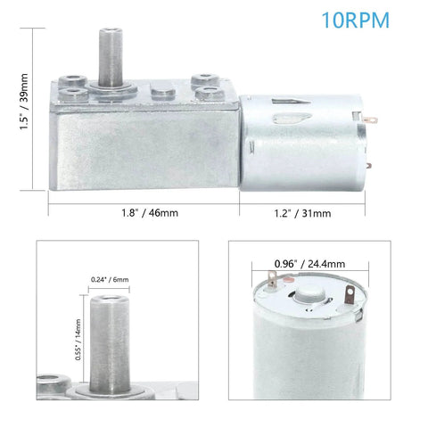 Diagram of 12V 10RPM High Torque DC Motor, Mini JGY 370 Motor Worm Gear including dimensions and shaft details