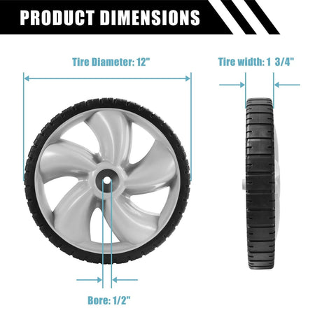 Product dimensions showing 12x1.75 Inch Lawn Mower Rear Wheels 2 Pack Replacement for Craftsman 490-324-0002 with 1/2 Inch bore.