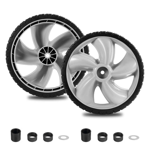 12x1.75 Inch Lawn Mower Rear Wheels 2 Pack Replacement for Craftsman 490-324-0002 shown with spacers and washers