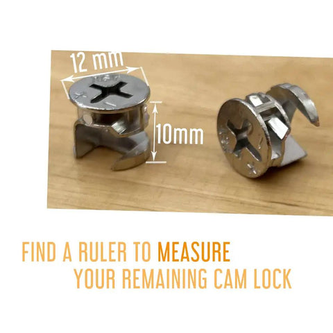 Replacement 12x10mm cam lock connectors, sturdy and easy to install, ideal for repairing cabinets, dressers, drawers, tables and bookcases with secure furniture cam locks; includes 10 pieces for multiple projects shown with measurements