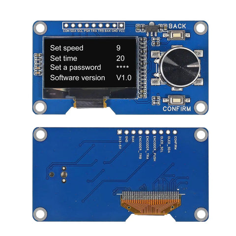 Front and back of 1.3 Inch OLED Display Module With EC11 Rotary Encoder Button, I2C Interface, SH1106 Driver, for Arduino projects.