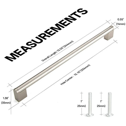 Detailed measurements of 20 Pack Long Cabinet Handles For Cabinets And Drawers With 13 Inch Center To Center Spacing And 13 Inch Overall Length