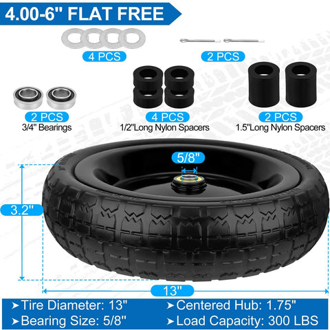 13 Inch Flat Free Solid Wheels Tires 4.00-6 Replacement with Universal 5/8 Inch Axle Bore, solid PU tire and accessories.