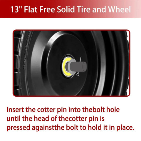 Close-up of 13 Inch Flat Free Solid Tire And Wheel For Gorilla Cart Wagon And Wheelbarrow 4.00-6 Size With 5/8 Inch Bearings