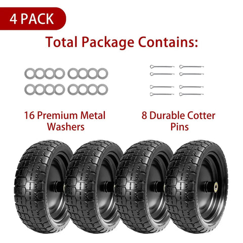 4 pack of 13 Inch Flat Free Solid Tire And Wheel For Gorilla Cart Wagon And Wheelbarrow 4.00-6 Size with washers and pins