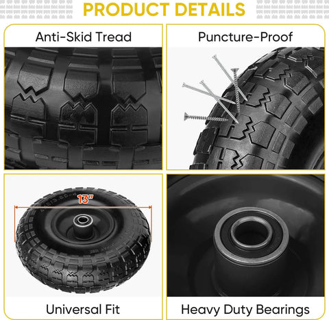 4.00-6 Flat Free Tire and Wheel Set, 13 Inch Solid Tires 2 Pack showcasing anti-skid tread and heavy duty bearings.