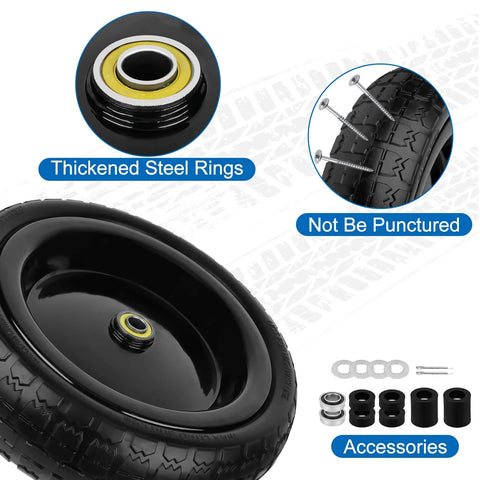 Close-up of 13 Inch Flat Free Solid Wheels Tires 4.00-6 Replacement with Universal 5/8 Inch Axle Bore and accessories.