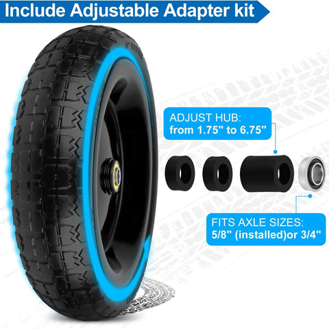 13 Inch Flat Free Solid Wheels Tires 4.00-6 Replacement with Universal 5/8 Inch Axle Bore and adjustable adapter kit.