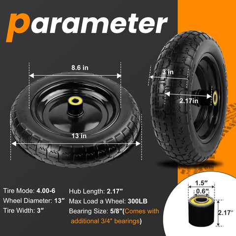 13" flat free wheels replacement for gor garden cart tires, 4.00-6 solid tires with 5/8" bearings, product dimensions and details.
