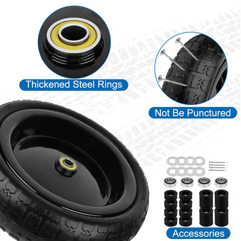 Close-up of 13 Inch Flat Free Wheels Tires 4.00-6 Solid Replacement Set of 2 showing thickened steel rings, puncture-proof design, ball bearings, and accessories.