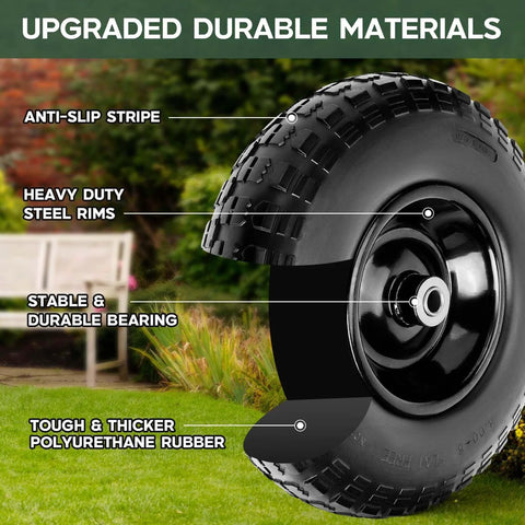 1 PC 13 Inch Rubber Solid Flat Free Replacement Tires and Wheels 4.00-6 with 5/8'' Axle Bore Hole showing materials and features