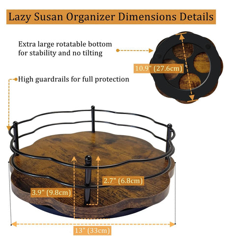 Diagram of 13 Inch Lazy Susan Turntable Organizer With Higher Metal Guardrails showing dimensions and features