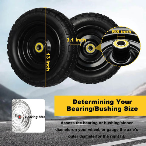 ✝️ 13 inch solid rubber tires, 4.00-6 tire flat free with 5/8" bearings, 2.17" offset hub for gor garden cart, size details