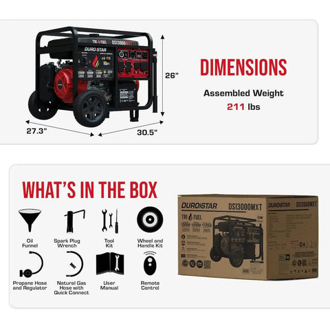 Specifications and contents for 13,000-Watt Tri Fuel Portable Generator With Remote Electric Start, CO Alert, RV ready, storm backup.