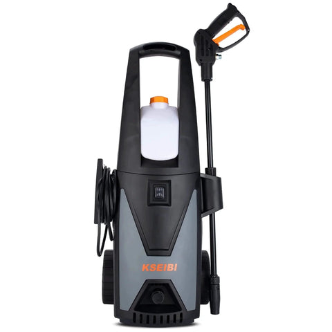 1300 PSI Electric Pressure Washer with Aluminum Pump 135 Bar for Cars, Patio, and Outdoor Cleaning, front view with spray nozzle