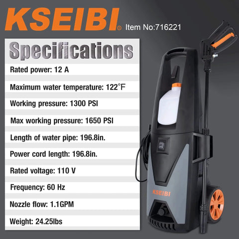 KSEIBI 1300 PSI Electric Pressure Washer with Aluminum Pump and Specifications Chart, Ideal for Cars and Patio Cleaning
