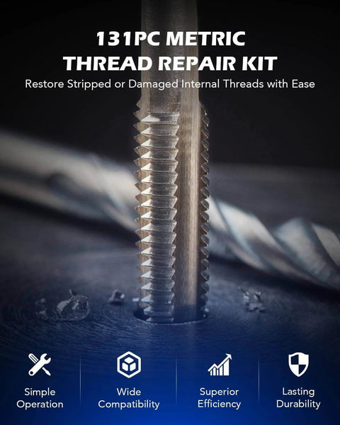 Close-up of Metric Thread Repair Kit with HSS drill bits and thread inserts for rethreading, highlighting repair efficiency.
