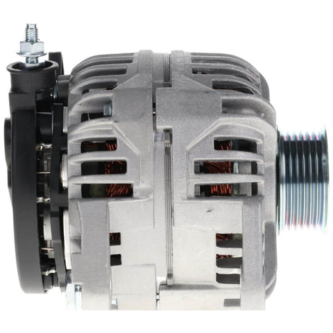 Side view of New 132 Amp 12V Beefed Up High Output Alternator For Dodge Ram Pickup, CW rotation, metal casing, pulley visible.