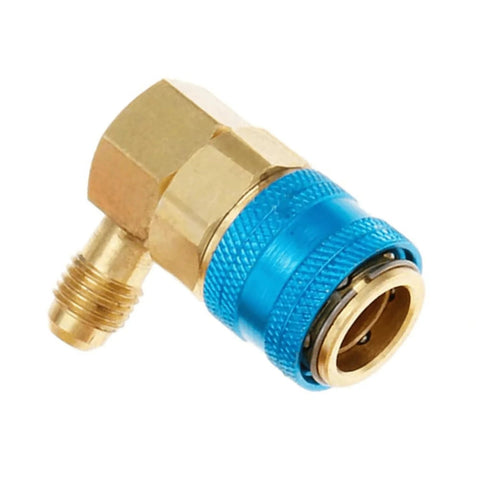 Leak Saver 134A to 1/4-inch lowside quick-connect automotive adapter, brass body with blue knurled coupling.