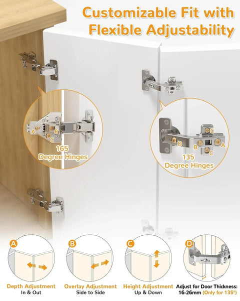 Two Pair 135 Degree and 165 Degree Corner Cabinet Hinges Kit for Pie Corner Cabinets and Hidden Lazy Susan Clip On Self Closing Concealed Mount for Face Frame Cabinets and Bi Fold Doors Smooth Slow Close for Kitchen Cupboard, showing hinges on corner cabinets with adjustment details.