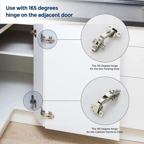 135 Degree Concealed Kitchen Cabinet Hinges For Bi Fold Doors, 2 Pack, shown installed on white cabinet doors for corner storage.