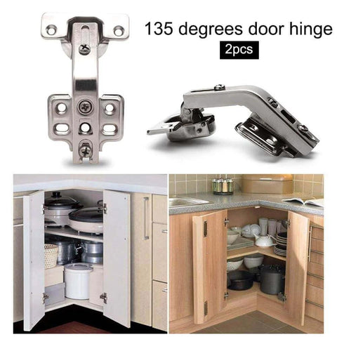 ✝️ 2-Pack 2PCS Cabinet Hinges, Pocket Door Hardware Gate Hinges Easy Install Home Cupboard Folded Kitchen Cabinet 135 Degree, Full Overlay Face Frame Concealed Corner Cabinet Hardware 135° Stainless Steel showing installation and use in kitchen cabinets.